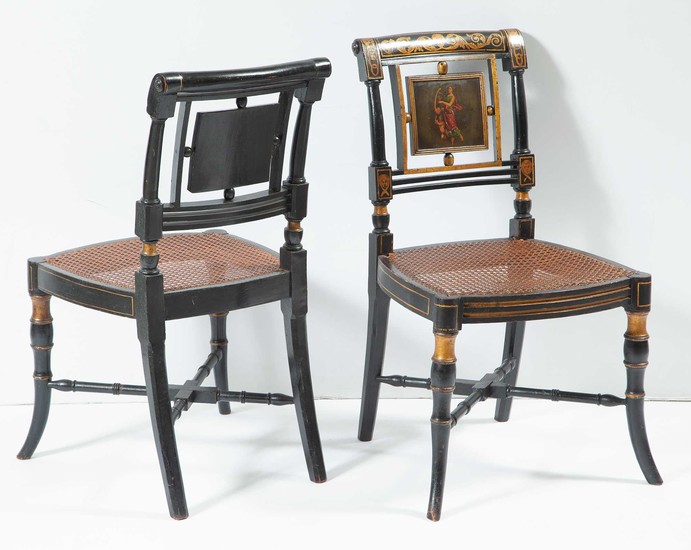 Pair of Regency Ebonized, Polychrome-Decorated and Parcel-Gilt Side Chairs