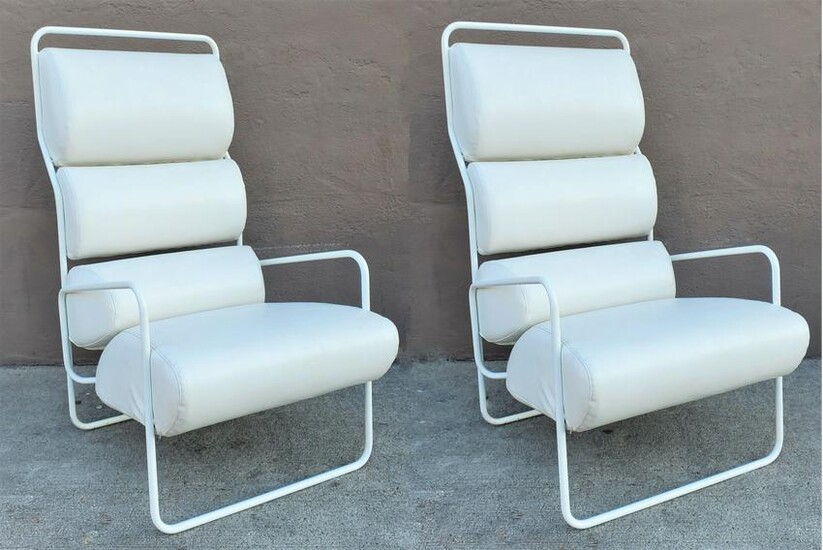 Pair of White Mid Century Leatherette Lounge Chairs