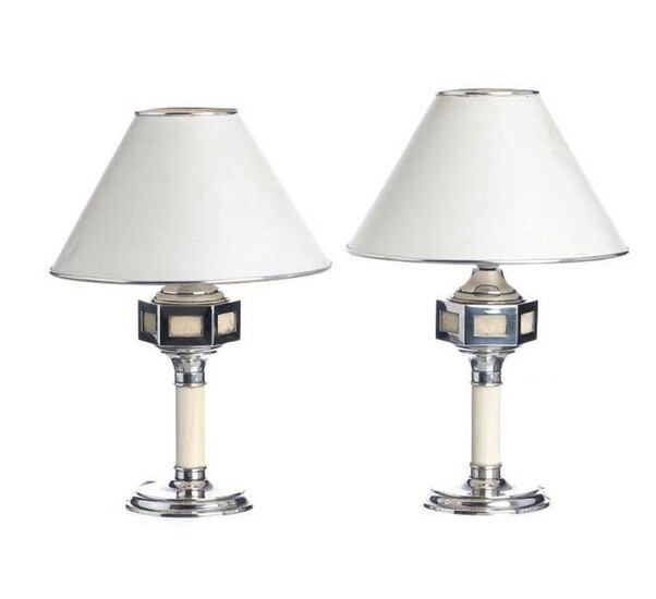 Pair of lamps in SILVER and bone (37 cm - 15 inches) - .915 silver - Spain - Early 20th century