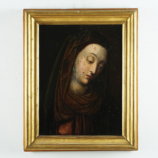 Pittore del XVII secolo La Vergine olio su carta applicata su tavola, cm....