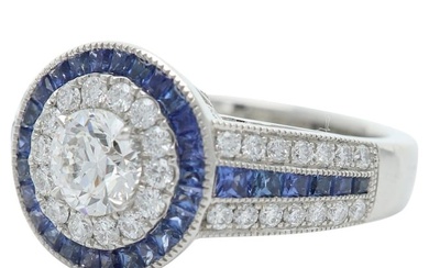 Platinum Ring Art Deco Style Round Diamond & Blue Sapphire