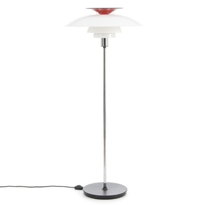 Poul Henningsen: “PH 80”. Floor lamp with black lacquered plastic base, stem of chromed metal, white acrylic shades. H. 132.