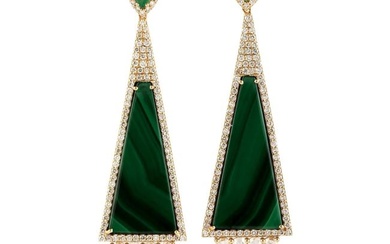 Pyramid Shaped Malachite Earring with Emerald & Pave Diamonds in 18k Yellow Gold