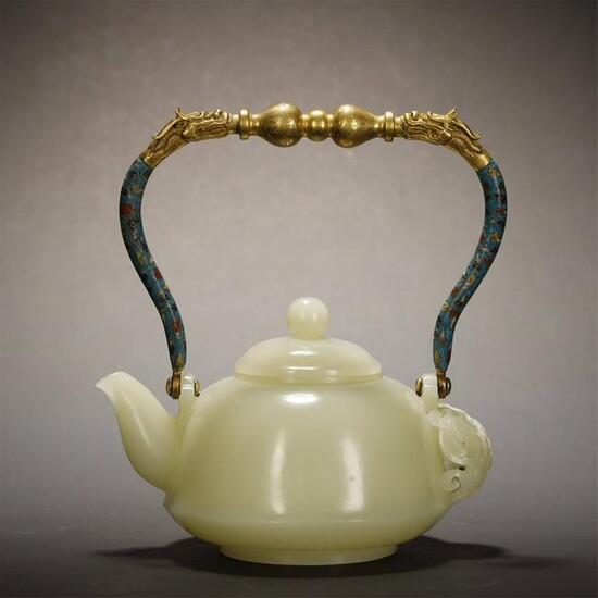Qing, Hetian Jade Teapot with Cloisonne Handle