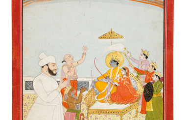 RAJA JAGAT PRAKASH OF SIRMUR (R.1770-89) WORSHIPPING RAMA AND SITA, KANGRA, PUNJAB HILLS, NORTH INDIA, CIRCA 1790