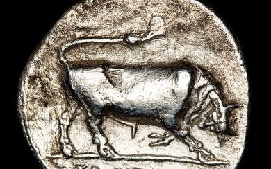 Roman Empire. Augustus (27 BC-AD 14). AR Denarius,Lugdunum mint, 10 BC - IMP•XII, Bull