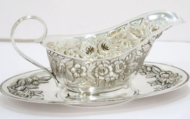S. KIRK & SON STERLING SILVER ANTIQUE FLORAL REPOUSSE GRAVY BOAT W/ SAUCER