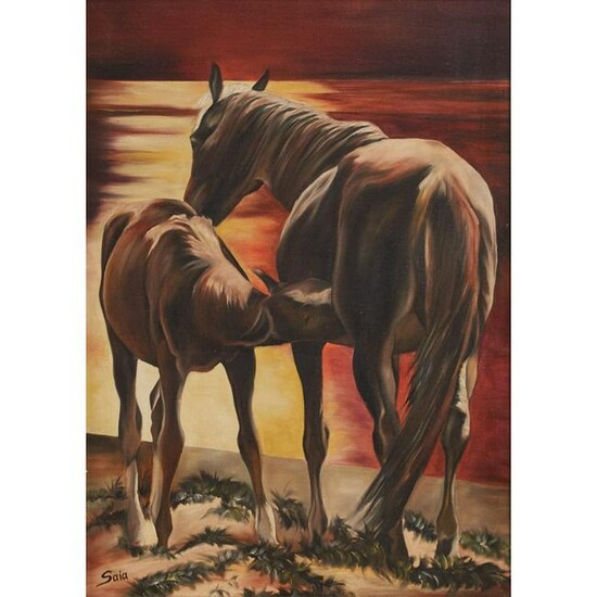 SAIA (XX secolo) OLIO su tela "Paesaggio con cavalli"