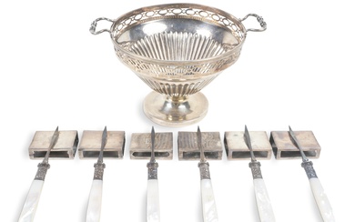 SIMPSON, HALL & MILLER SILVER FOOTED BOWL, SIX SPAULDING & CO. SILVER MATCHBOX COVERS AND SIX PEARL-HANDLED NUT PICKS Width across handles of bowl: 7 1/4 in. (18.4 cm.)