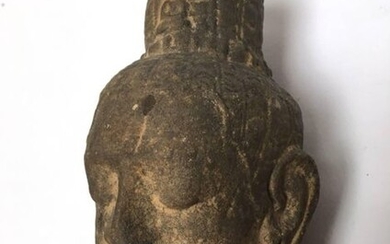 Sandstone head. Siam, kingdom of Lopburi, 12th century....