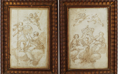 Scuola italiana del secolo XVIII Coppia di disegni raffiguranti "soggetti religiosi" penna e inchiostro bruno su carta (mm 295x195)…