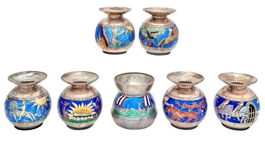 Set of Seven Norwegian Enamel Decorated Silver Vases;