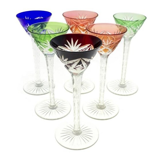 Set of Six Colorful Bohemian Crystal Liqueur Cups.