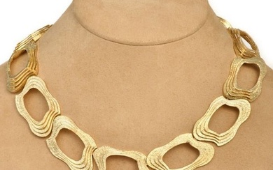 Signed Retro 18K Yellow Gold Fancy Large Textured Link Choker Necklace
