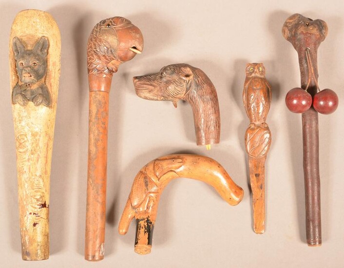 Six Antique Folk Art Carved Wood Handles.