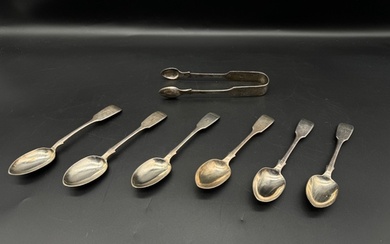 Six Victorian Sterling Silver Tea Spoons + Tongs circa 1865 ...
