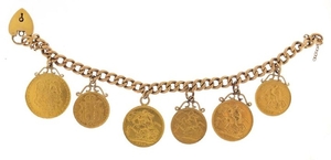 Six gold coins on a 9ct gold bracelet, comprising 1785 Guine...