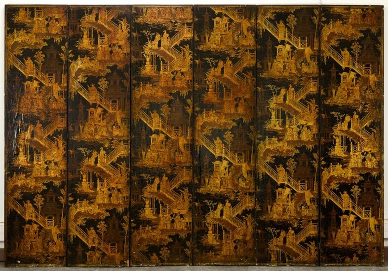 Six-leaf screen covered with wallpaper varnished in imitation lacquer, Manufacture Jules Desfossé, circa 1855