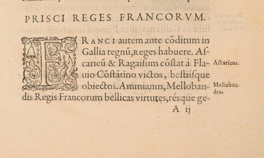 [Sixteenth-century book]. MASSON (Jean-Papire). Annalium libri quatuor: Quibus res gestae Francorum explicantur. Lutetiae, apud N. Chesneau, 1577. In-4, [4] f., 538 p., [27] f., old soft parchment with overlays, probably rebound, ochre whitewashed...