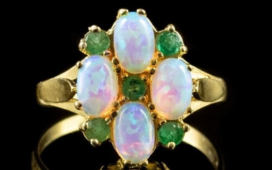 Solid Fiery Opal & Emerald - 18 kt. Yellow gold, Silver - Ring