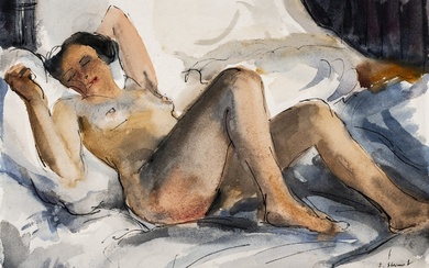 Steinert, Fritz. Deux nus de femmes endormies. Chaque aquarelle, dessin à la plume et crayon...