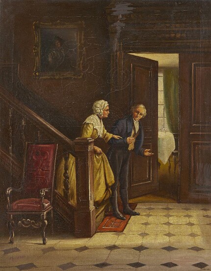 Stephen Lewin RI, British fl. 1880-1910- Walking down the stairs - an interior scene; oil on canvas, signed (lower left), 49.5 x 40.3 cm. Provenance: Private Collection, UK (since 2008).