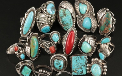 Sterling Lot of Rings Featuring Artist Signed Pieces, Turquoise and Coral