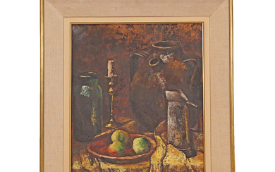 Still life with fruit and jugs, oil on cardboard, French...