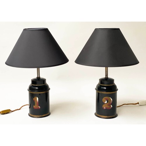 TOLEWARE TABLE LAMPS, a pair, early 20th century gilt letter...