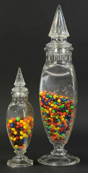 TWO CATHEDRAL TOP CANDY JARS