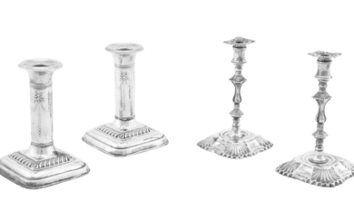 TWO PAIRS OF SMALL SILVER CANDLESTICKS