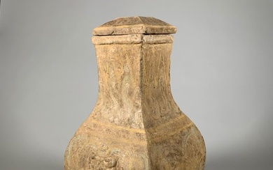 Terracotta Ancient Chinese - Han Dynasty - "Hu" Vase with polychrome decoration & original cover (ca 206 BC - - 53 cm