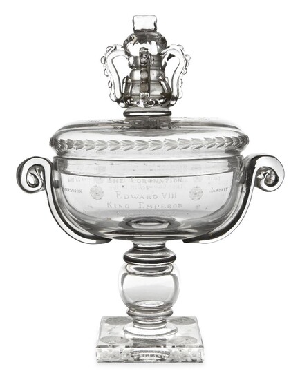 "The King Edward Cup", an engraved glass two-handled cup celebrating the coronation of Edward VIII, by Thomas Goode & Co Ltd, 1937, the cover with crown finials, engraved with the crowned cypher of Edward VIII and the crowned Regnal name and...