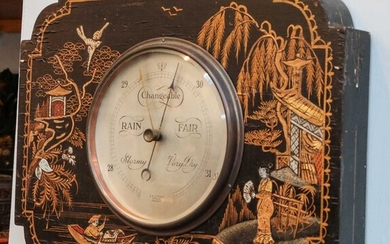 An early 20th century chinoiserie barometer, the silver dial...