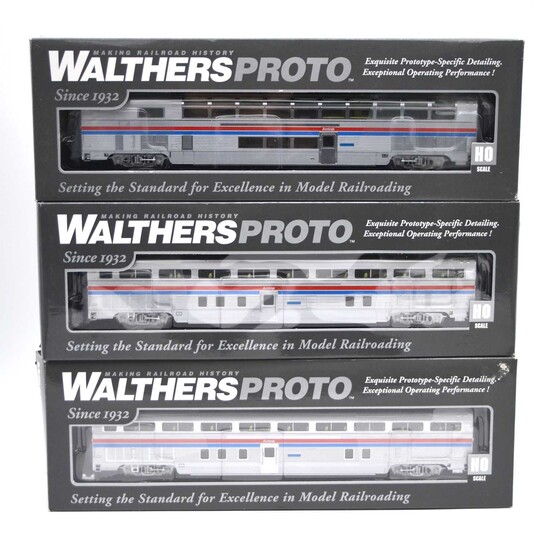 Three Walthers Proto HO gauge model railway double-decker Amtrak coaches