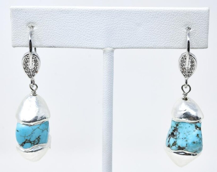 Turquoise & Pave Set Modernist Design Earrings