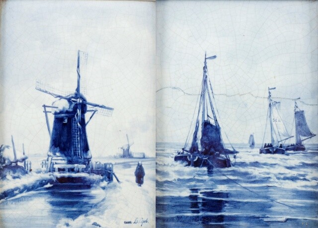 Twee Delfts aardewerk tegels met blauw-wit decor: molen, naar...