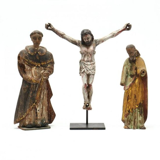 Two Antique Carved Santos and Crucified Christ