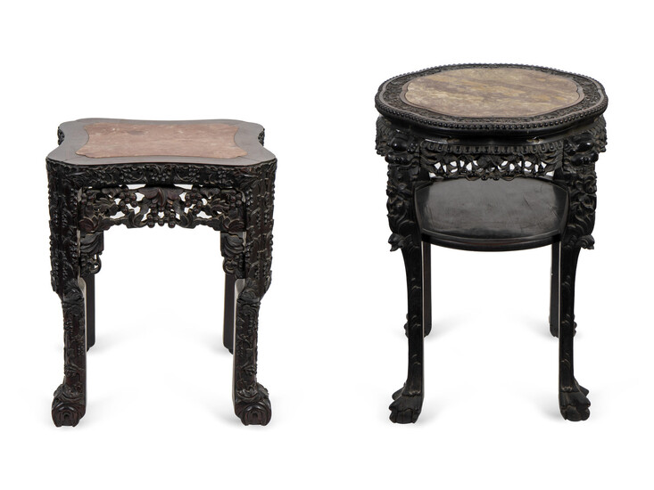 Two Chinese Carved Hardwood Marble Inset Top Tables