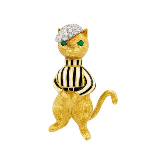 Two-Color Gold, Diamond, Enamel and Green Chalcedony French Cat Brooch