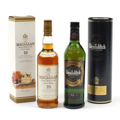 Two bottles of whiskey with boxes, comprising Glenfiddich Sp...