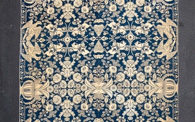 UNUSUAL BLUE AND WHITE OVERSHOT COVERLET.