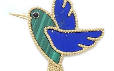 Van Cleef & Arpels Lucky Animals Colibri Clip Brooch Hummingbird Malachite Lapis Lazuli Onyx K18YG