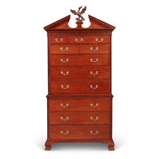 Very Fine and Rare Chippendale Carved and Highly Figured Mahogany Pitch-Pediment Chest-on-Chest, Attributed to Thomas Affleck (1740-1795), Philadelphia, Pennsylvania, Circa 1775