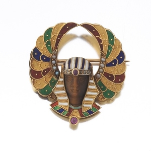 Victorian Egyptian Revival King Tut Gold, Enamel, Tiger Eye, Seed Pearl, Ruby and Diamond Pin/Brooch