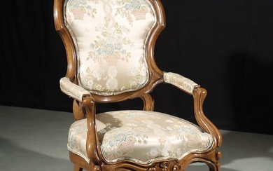 Victorian Rococo Revival carved upholstered shield back armchair parlor / library chair. 40 1/2"H x
