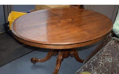 Victorian quarter veneered burr walnut oval table with ornat...