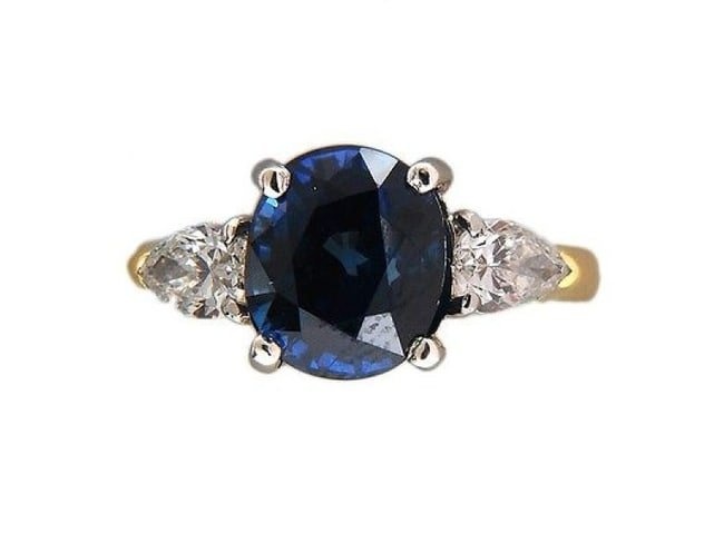 Vintage 18k Yellow Gold Platinum 4.35ct Natural Royal Blue Sapphire .66ctw Pear Diamond Ring Size