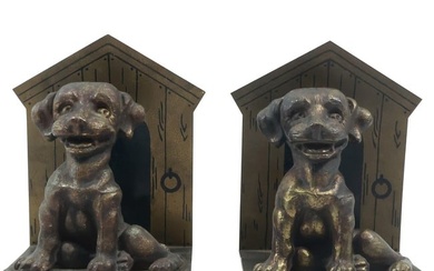 Vintage Cast Iron Brass Puppy Dog with Doghouse Book Ends