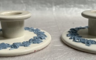 Vtg Pair Wedgwood Candle Holders Etruria Barlaston Queen's Ware Blue Lavender